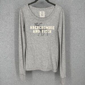 Abercrombie Fitch Y2K Long Sleeve Shirt Size L Gray Logo Moose Graphic Knit Prep